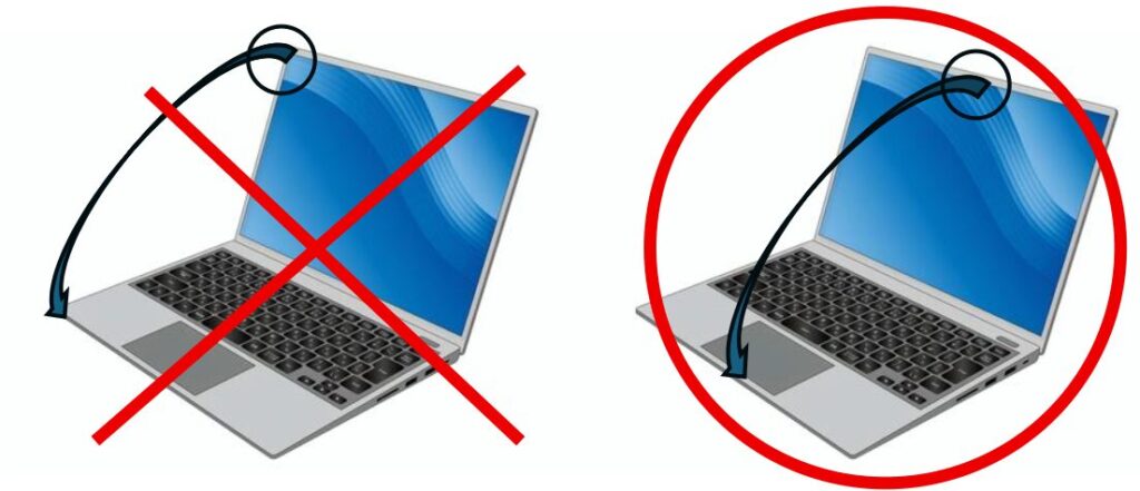 ノートパソコンのパネル開閉時の注意を図にしたもの。液晶パネルの上辺中央を持つようにしましょう。