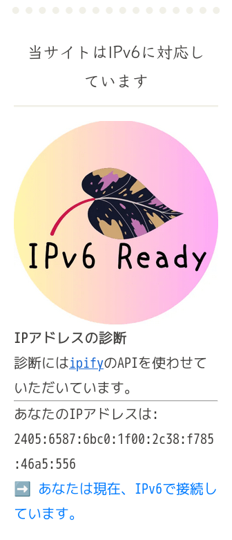 ipifyによるIPv6接続判定のブログパーツ画像